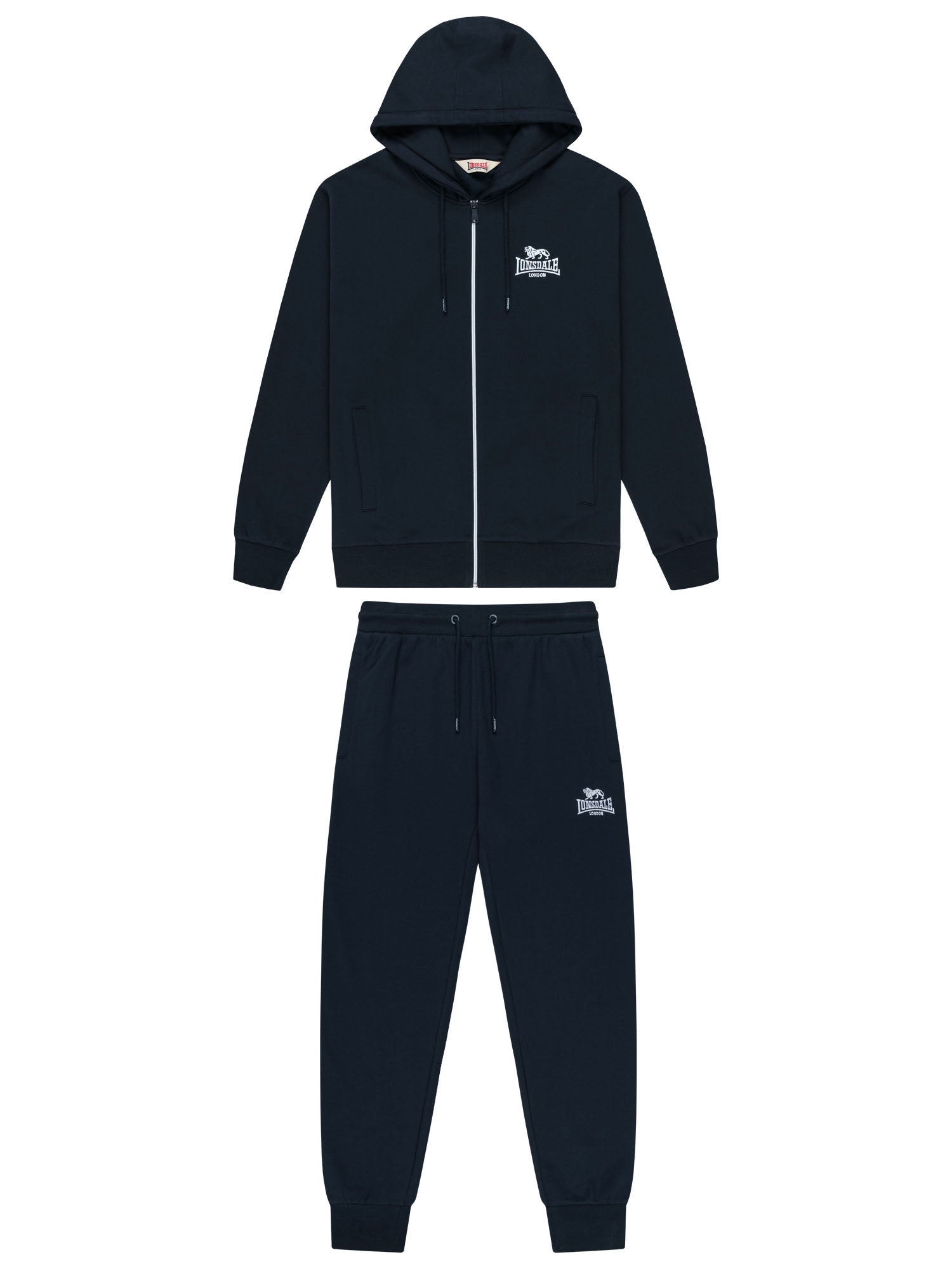 Lonsdale London Herren Trainingsanzug in Dunkelblau mit Kapuzenjacke, Reissverschluss und Jogginghose.