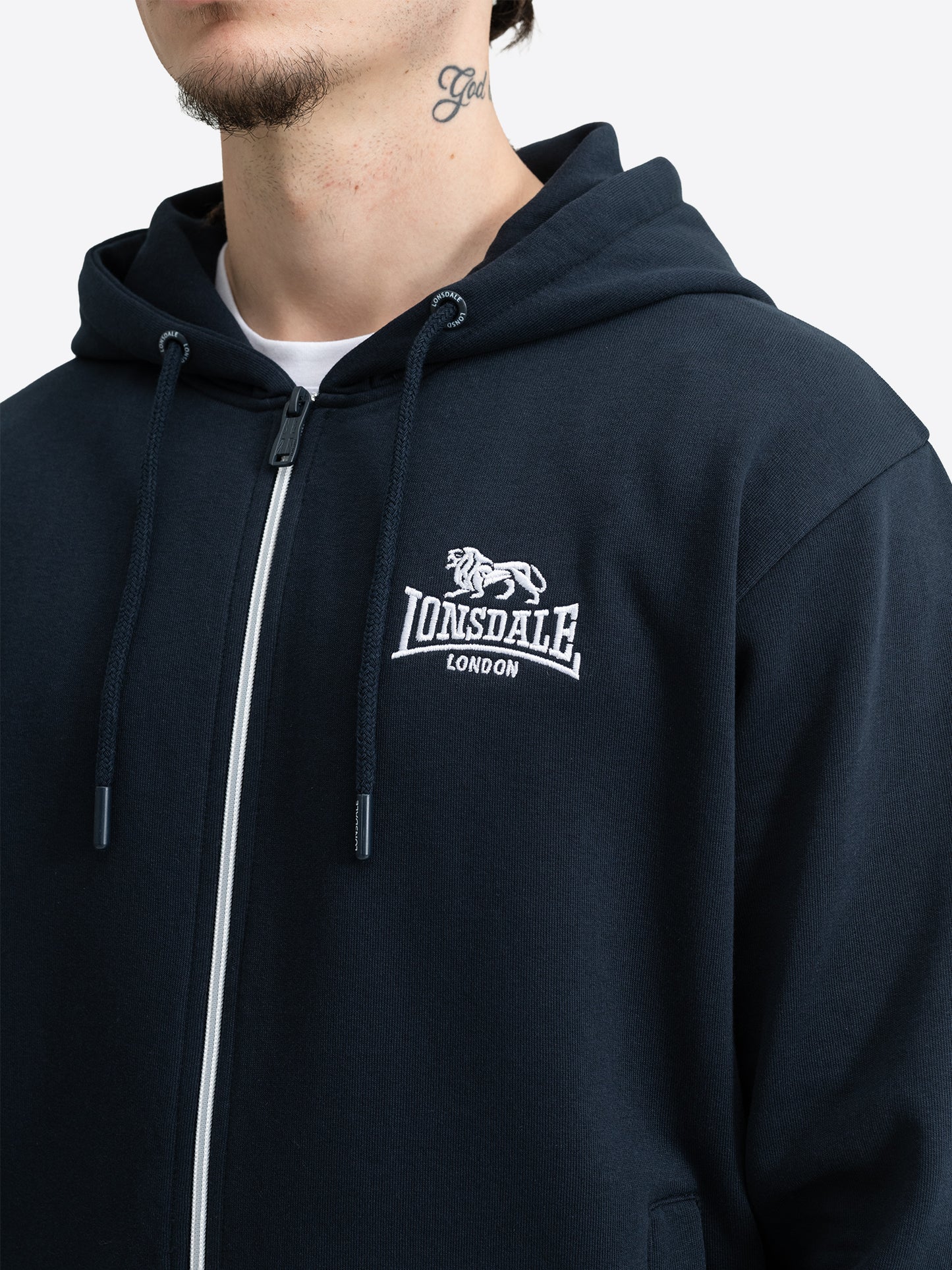 Lonsdale London Herren Trainingsanzug in Dunkelblau mit Kapuzenjacke, Reissverschluss und Jogginghose.
