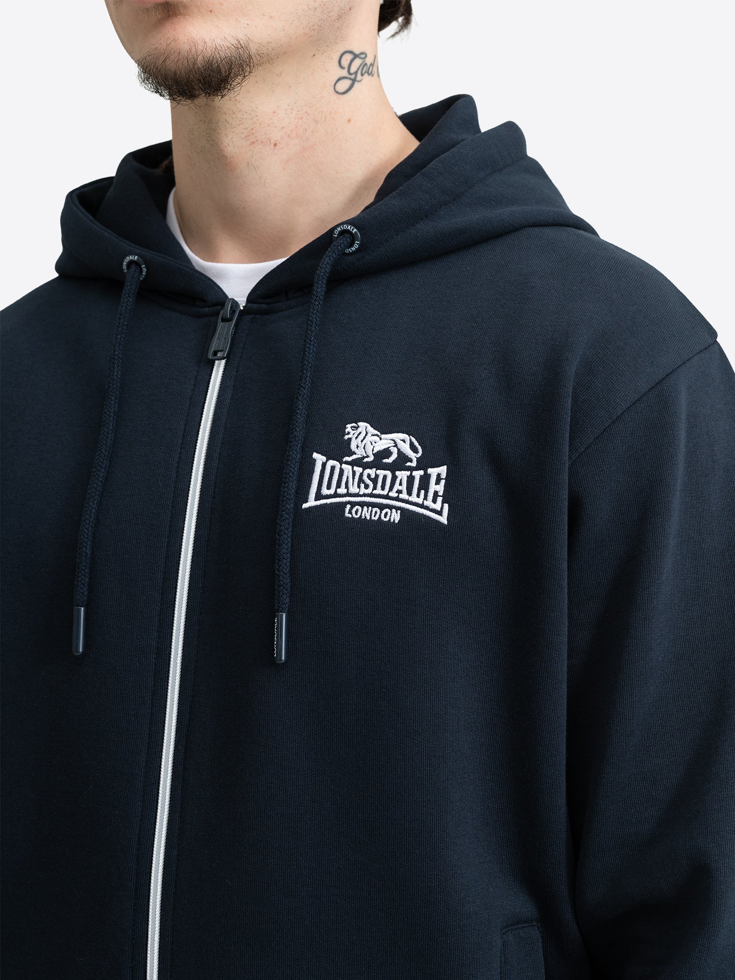 Lonsdale London Herren Trainingsanzug in Dunkelblau mit Kapuzenjacke, Reissverschluss und Jogginghose.