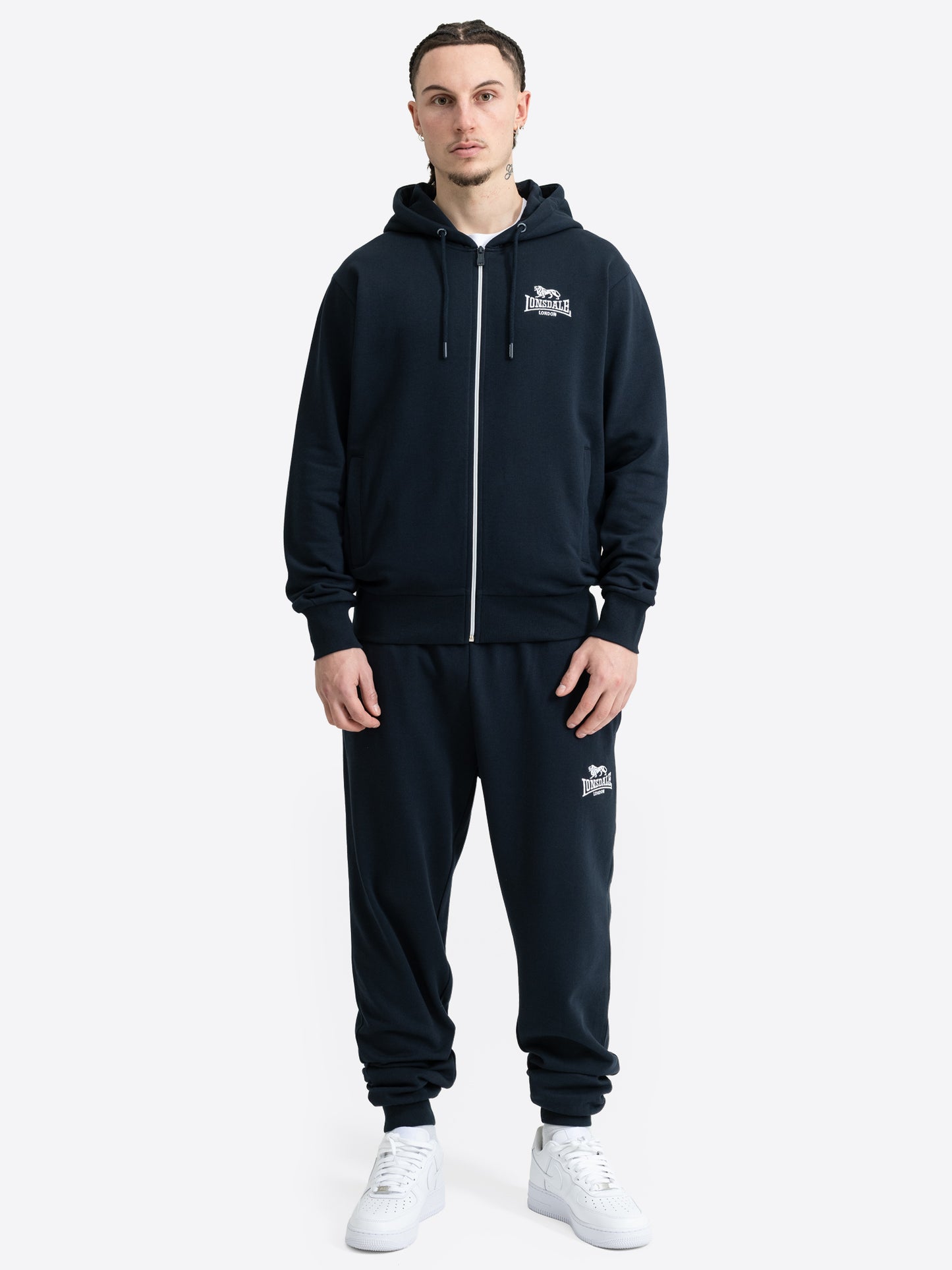 Lonsdale London Herren Trainingsanzug in Dunkelblau mit Kapuzenjacke, Reissverschluss und Jogginghose.