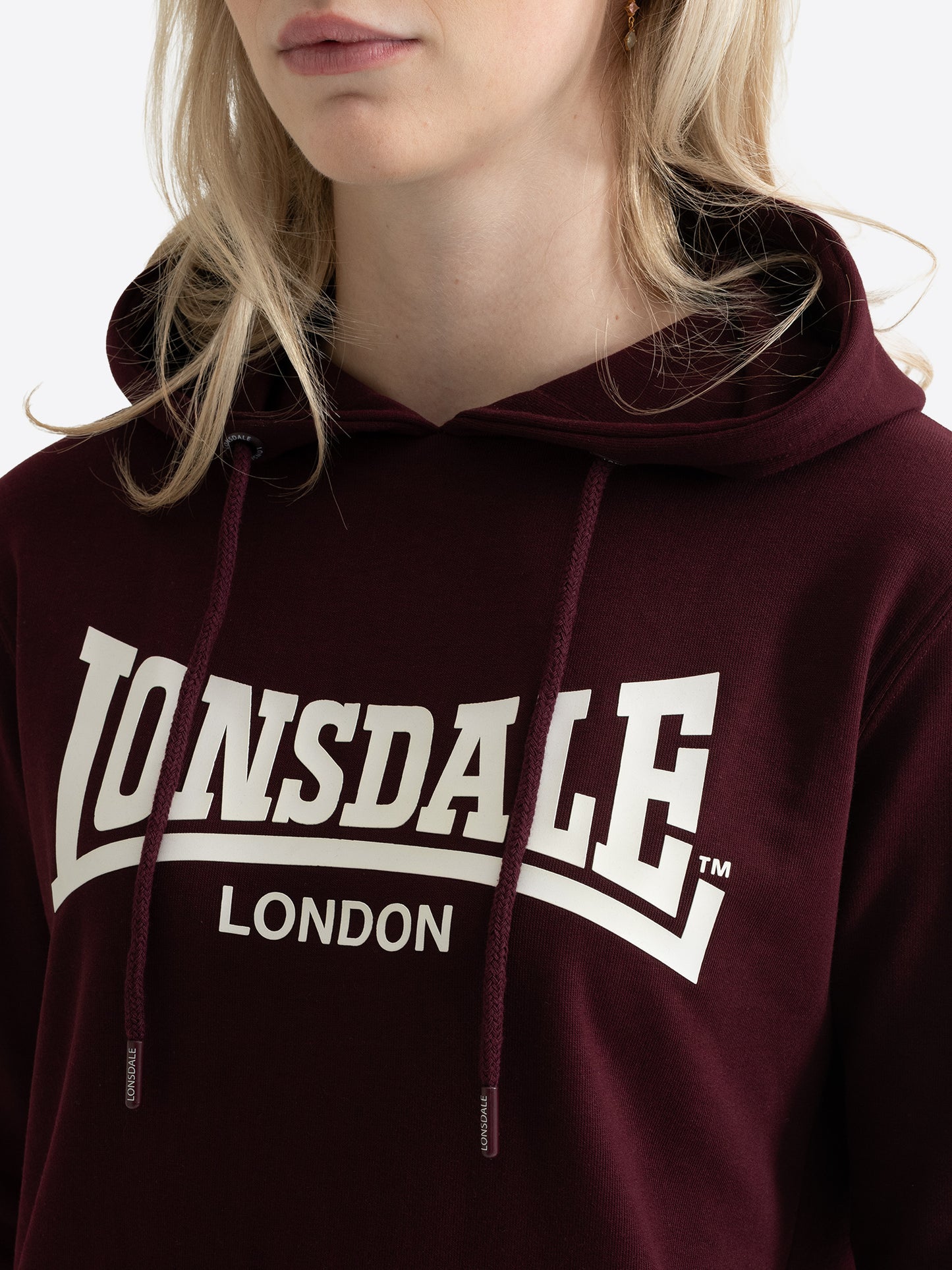 Chalk 3D-Gummidruck auf Lonsdale Damen-Hoodie in Oxblood.