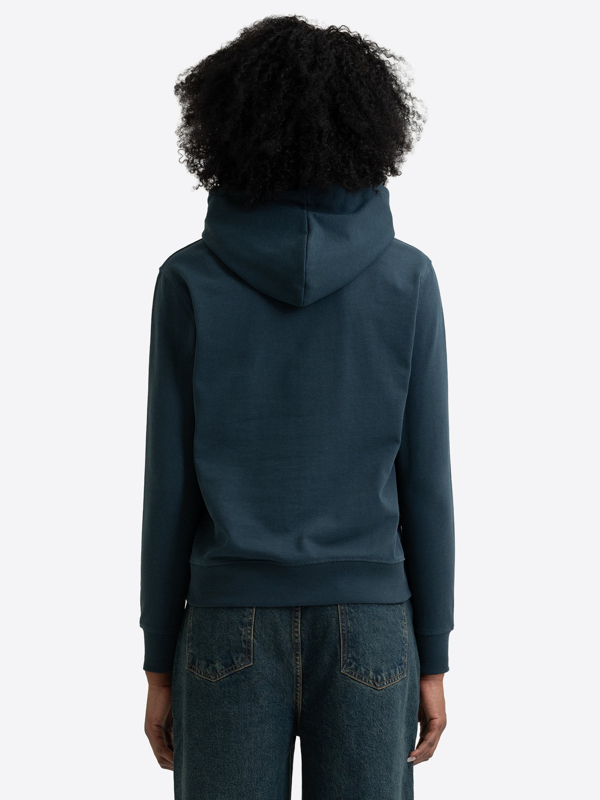 Rueckansicht von dunkelblauem Lonsdale Damen-Kapuzensweatshirt mit aufgesetzter Kapuze.