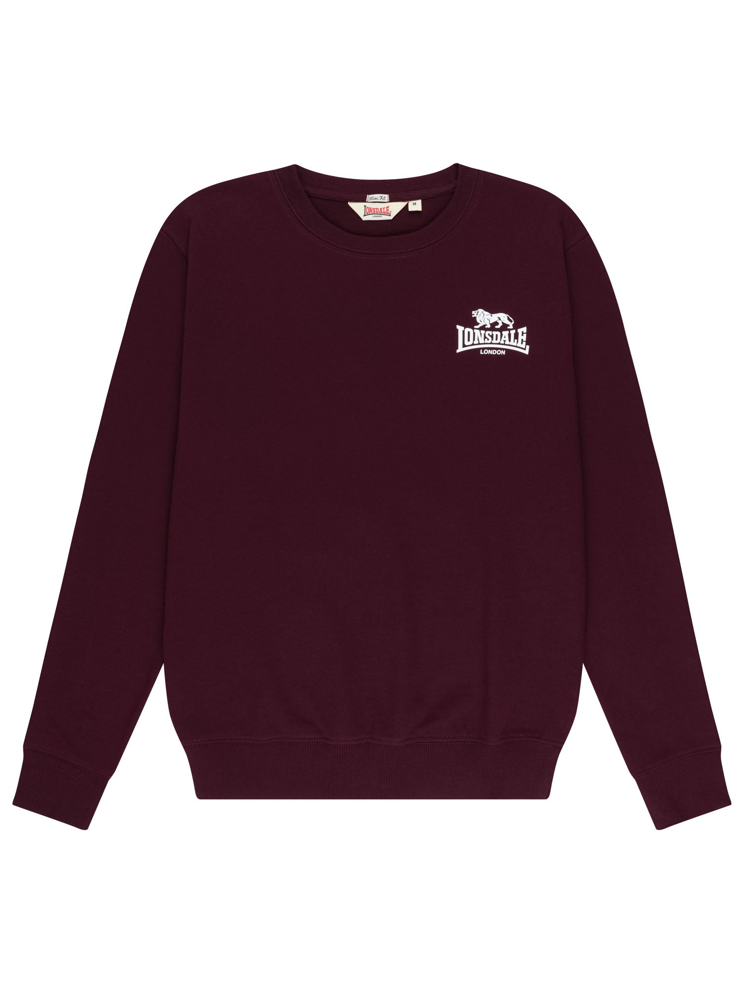 Weinrotes Lonsdale Herren-Sweatshirt mit Rundhals und kleinem Logo.