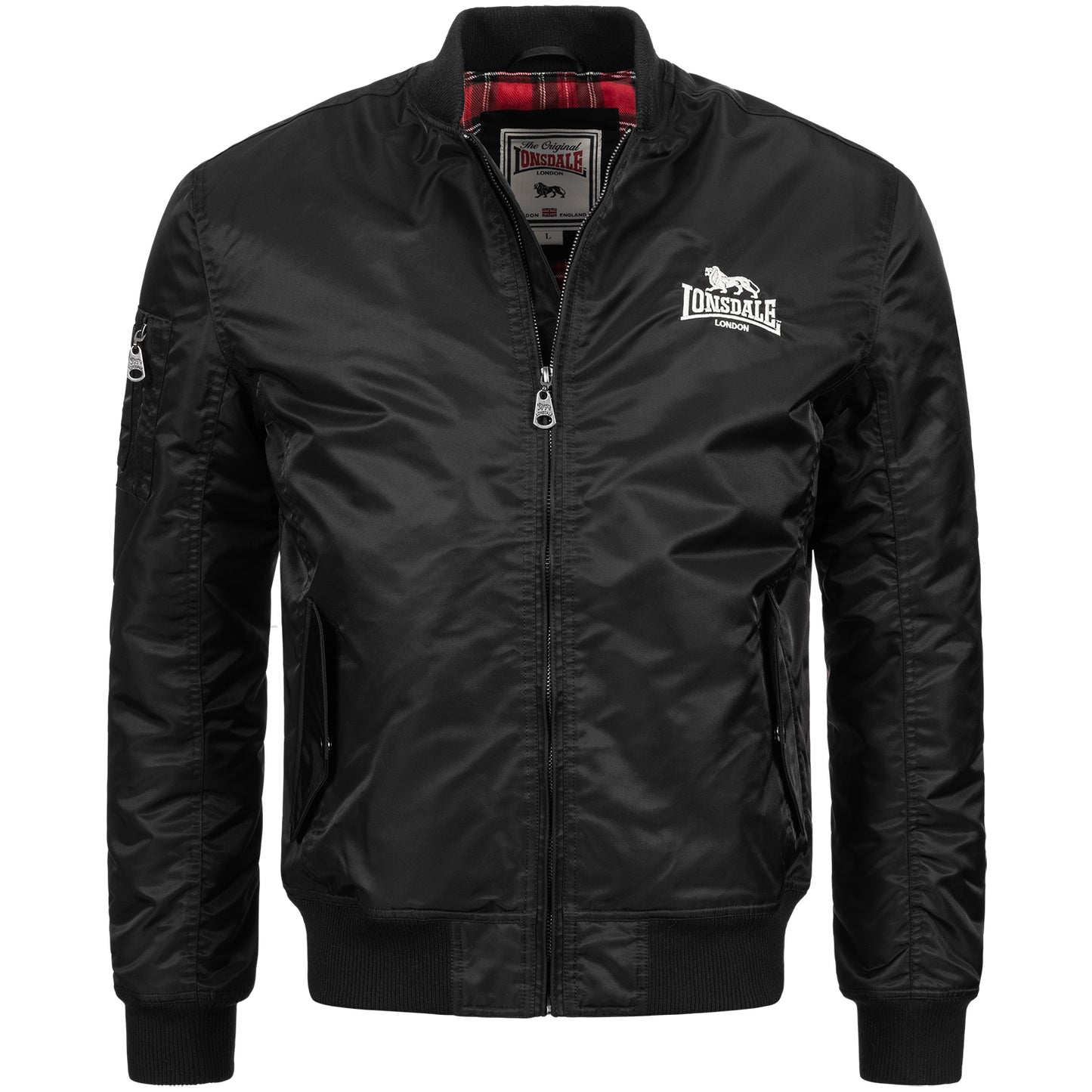 Schwarze Lonsdale Herren-Bomberjacke mit weissem Logo-Stick auf der Brust.