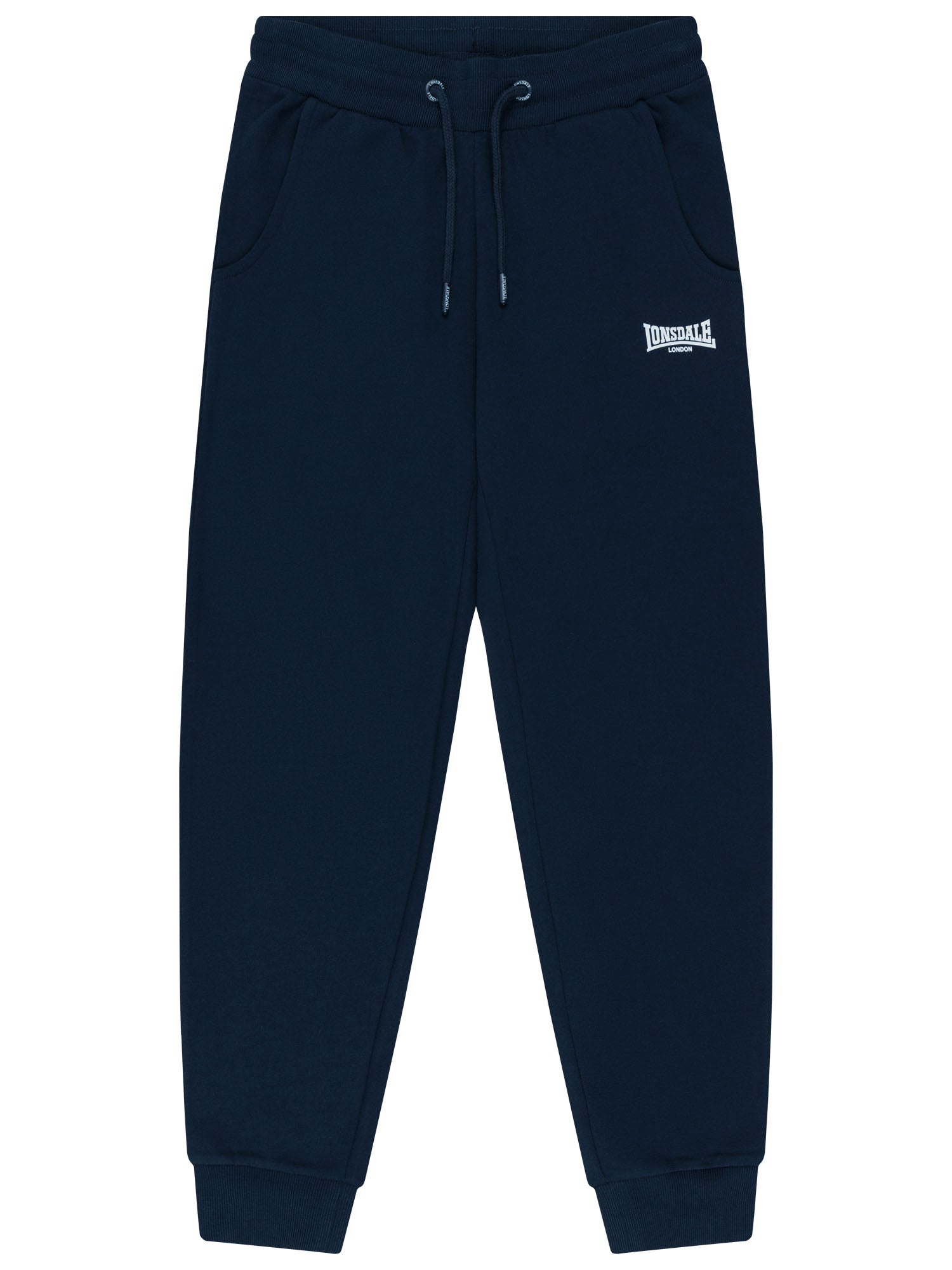  Lonsdale Damen-Jogginghose Navy mit weissem Logo-Druck und Kordelzug.