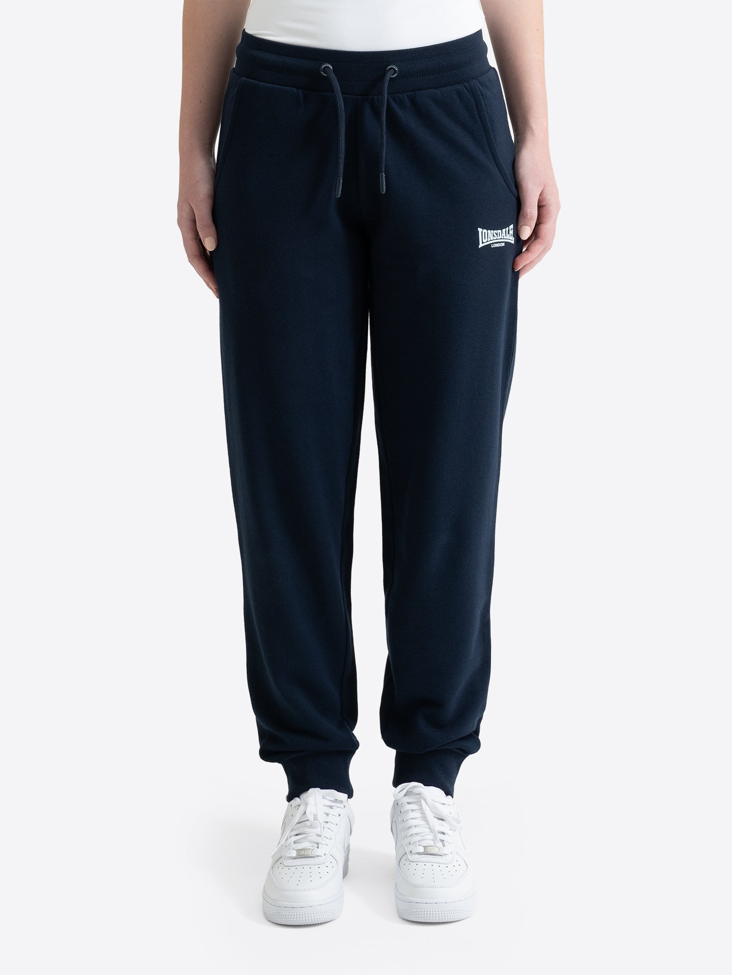  Lonsdale Damen-Jogginghose Navy mit weissem Logo-Druck und Kordelzug.