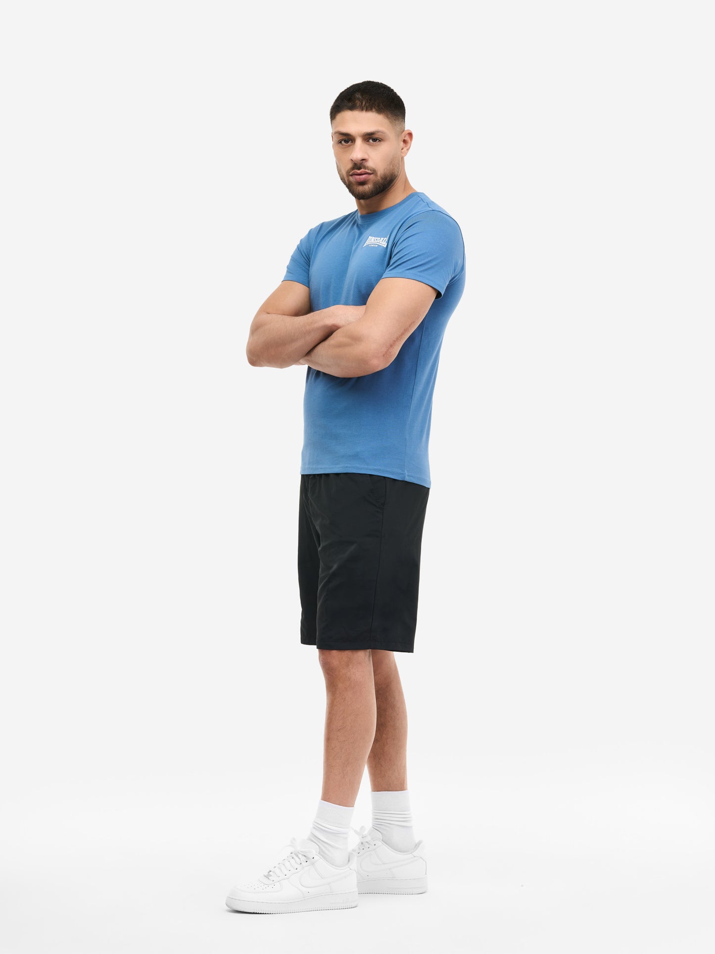 Blaues Lonsdale Elmdon Herren T-Shirt in Slim-Fit mit 3D-Gummidruck auf der Brust.