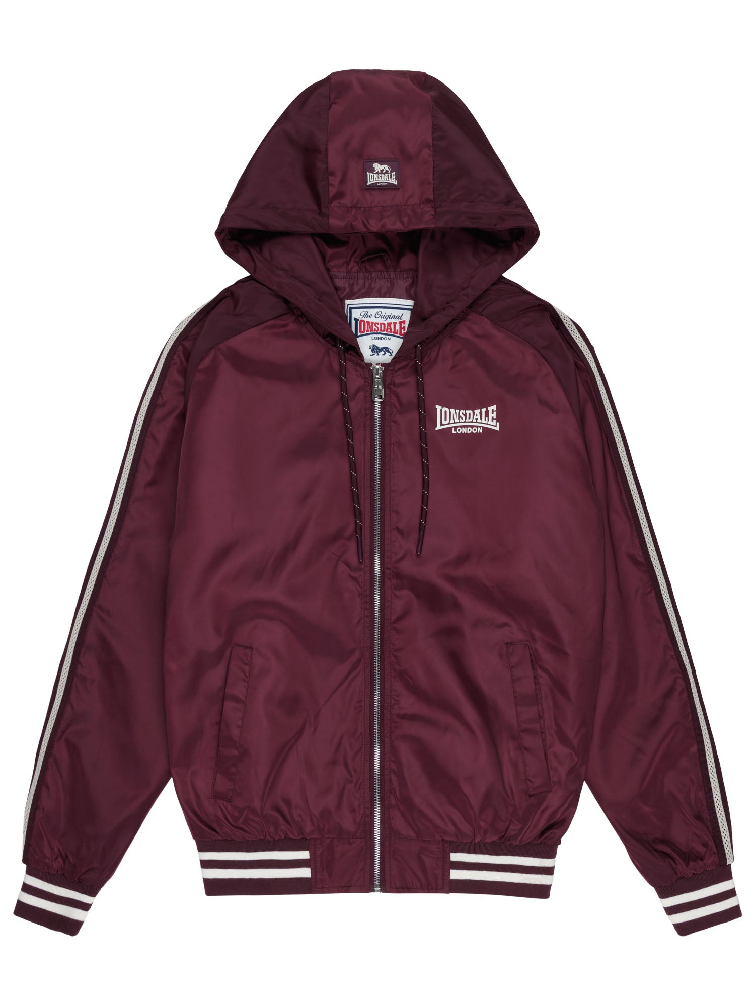 Lonsdale Damen Windjacke in Oxblood mit Kapuze, Reissverschluss und Logo, sportliches Design.