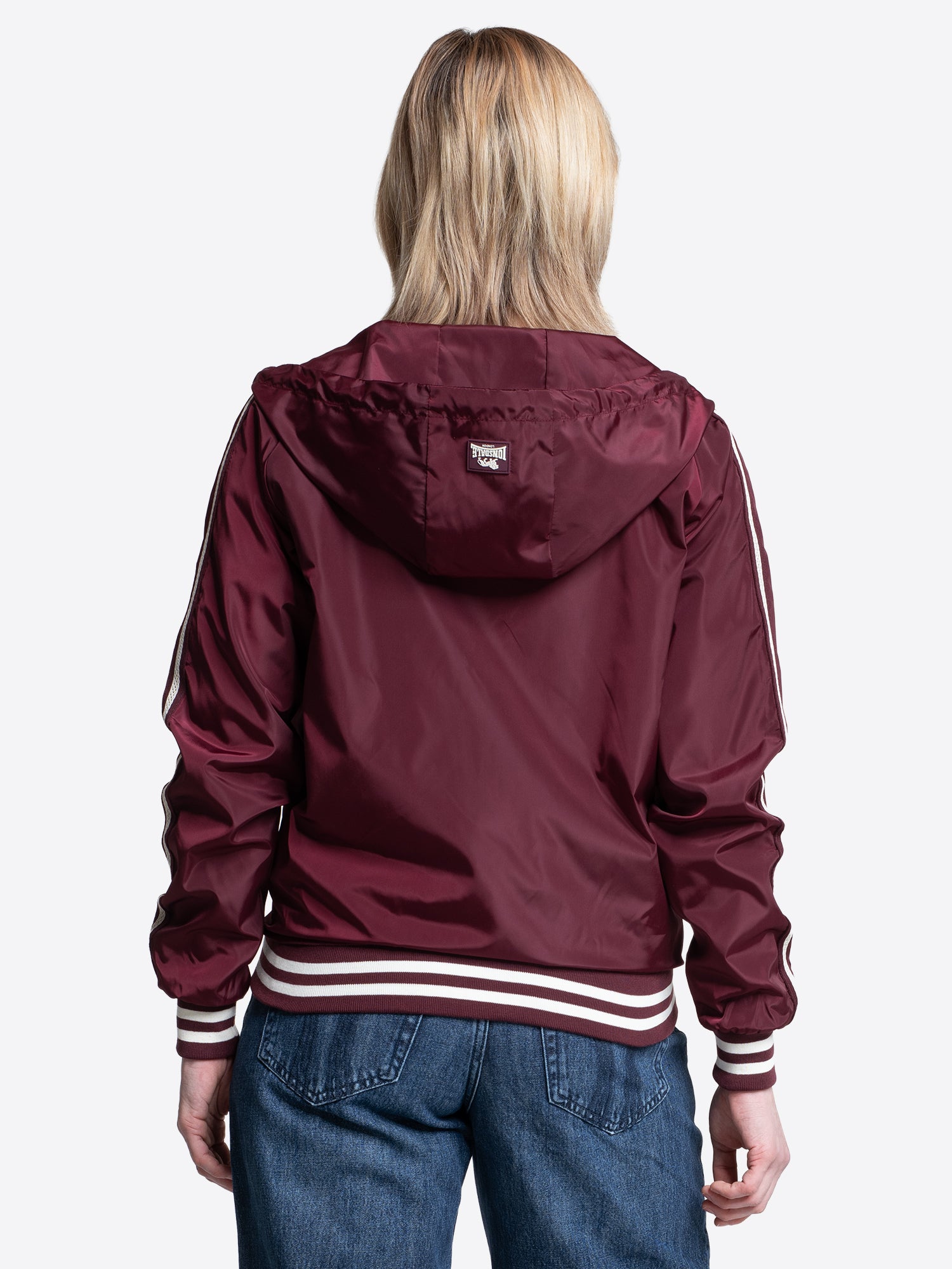 Lonsdale Damen Windjacke in Oxblood mit Kapuze, Reissverschluss und Logo, sportliches Design.