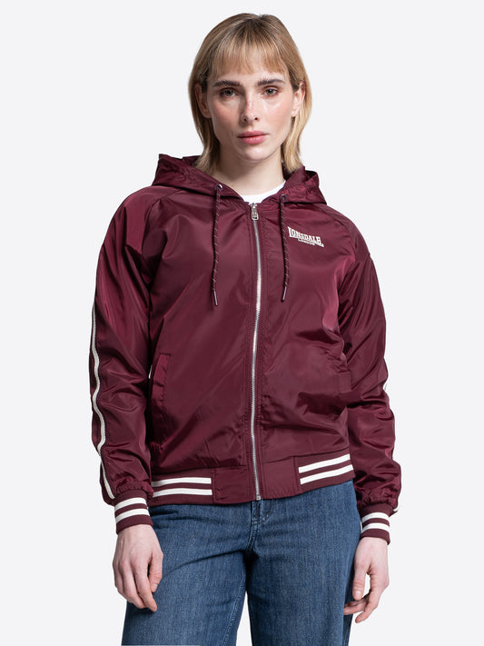 Lonsdale Damen Windjacke in Oxblood mit Kapuze, Reissverschluss und Logo, sportliches Design.