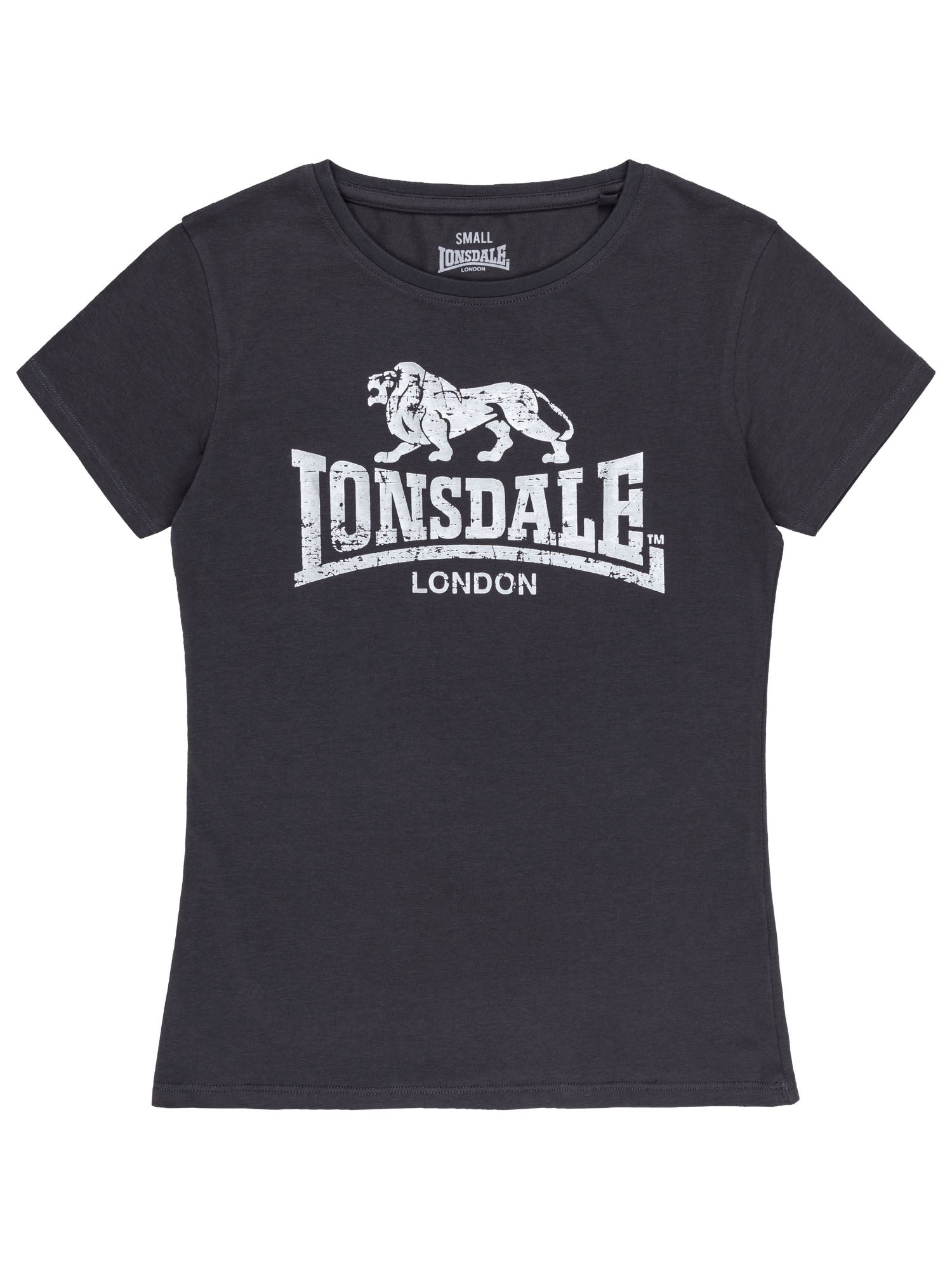 Lonsdale London Damen T-Shirt in Anthracite mit goldfarbenem Logo-Druck im Vintage-Stil.