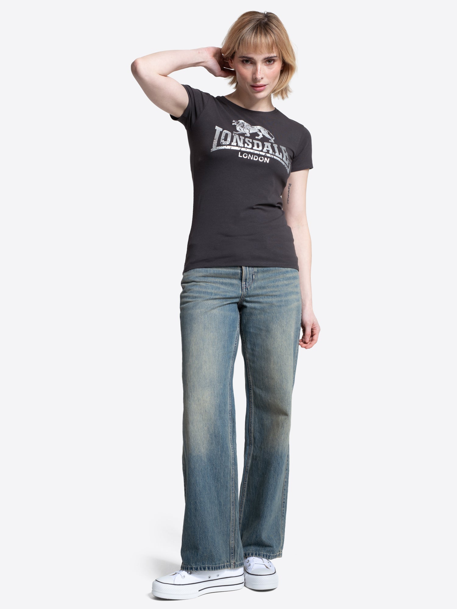 Lonsdale London Damen T-Shirt in Anthracite mit weissem Logo-Druck im Vintage-Stil.