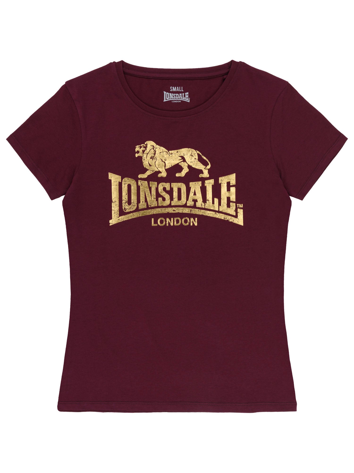 Goldener Lonsdale Logo-Print in Cracked-Optik auf oxblood Jersey-Stoff, Detailansicht.