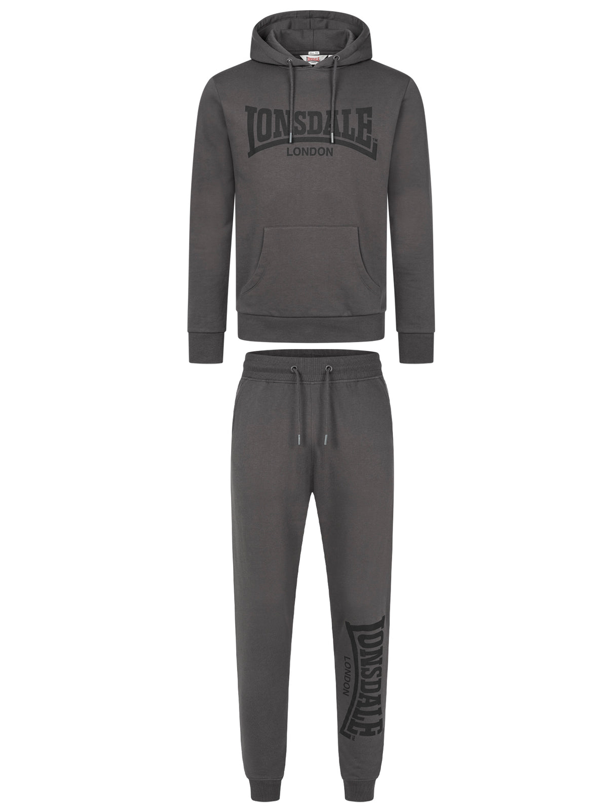 Dunkelgrauer Lonsdale Herren-Trainingsanzug mit Hoodie und Jogginghose.