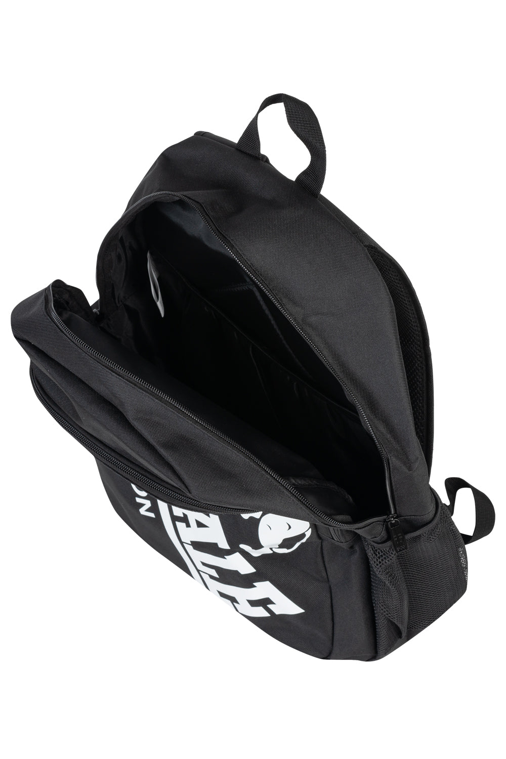 Schwarzer Lonsdale Rucksack mit weissem Logo-Print – sportlicher Tagesrucksack für Freizeit und Schule mit gepolsterten Trägern.