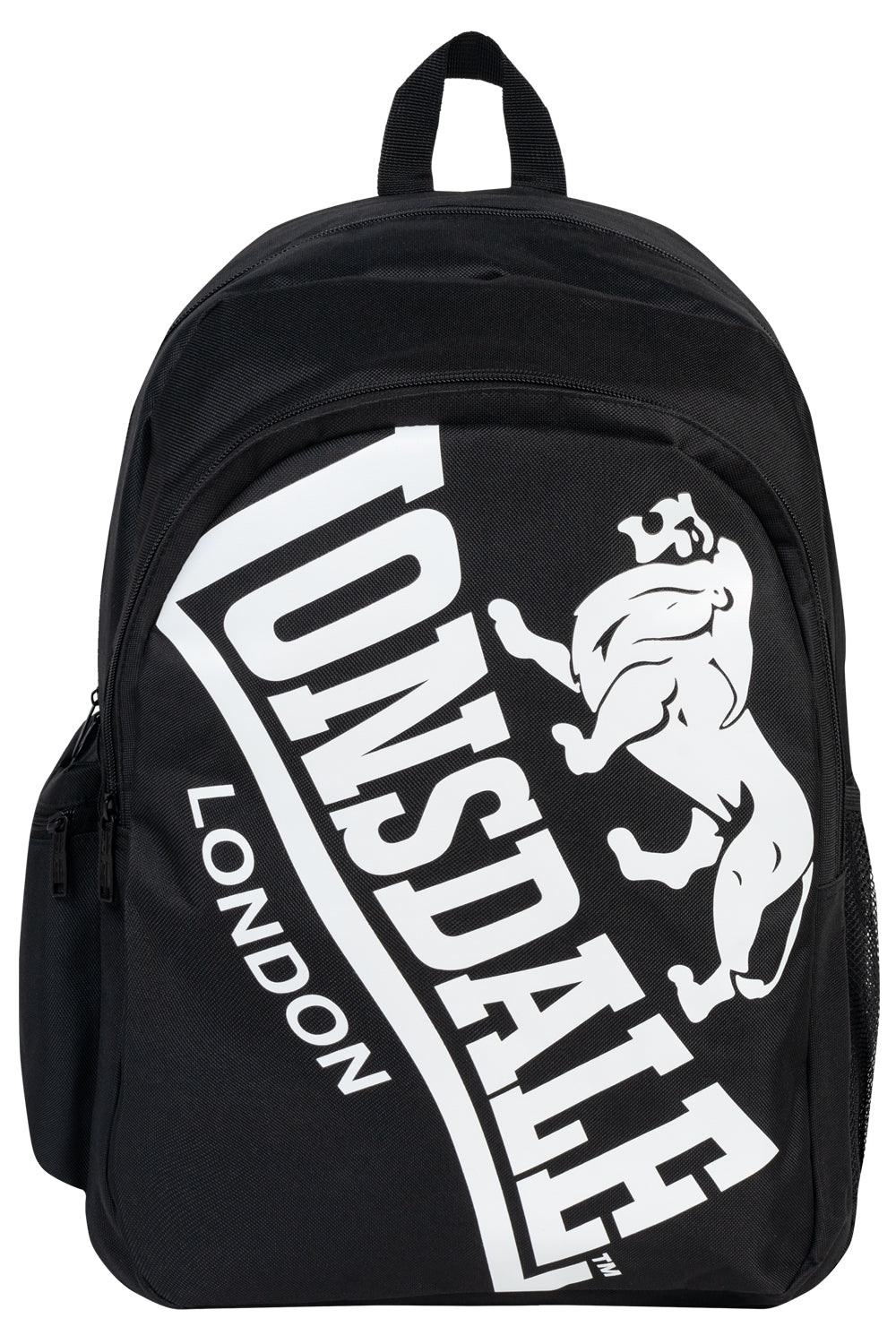 Schwarzer Lonsdale Rucksack mit weissem Logo-Print – sportlicher Tagesrucksack für Freizeit und Schule mit gepolsterten Trägern.