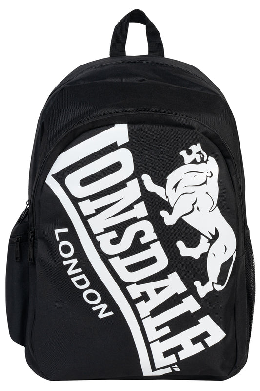 Schwarzer Lonsdale Rucksack mit weissem Logo-Print – sportlicher Tagesrucksack für Freizeit und Schule mit gepolsterten Trägern.
