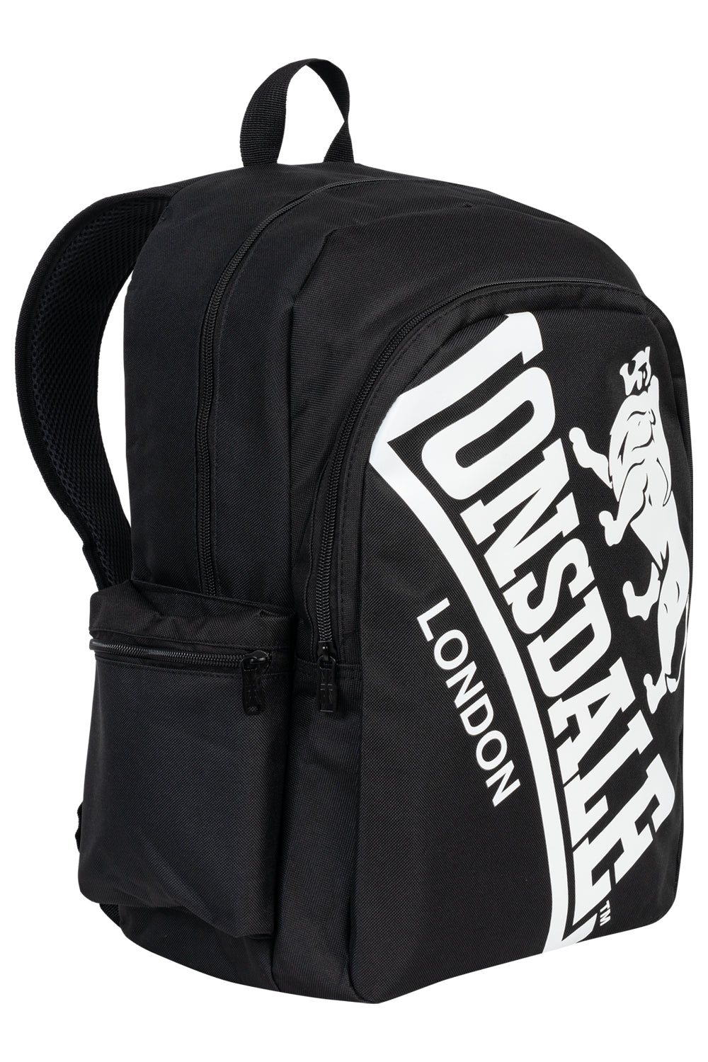 Schwarzer Lonsdale Rucksack mit weissem Logo-Print – sportlicher Tagesrucksack für Freizeit und Schule mit gepolsterten Trägern.