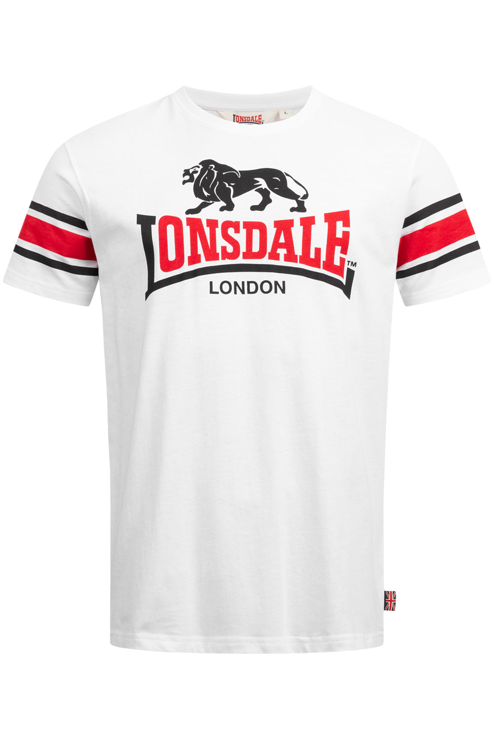 Weisses Lonsdale T-Shirt mit Logo-Druck auf der Brust und kontrastierenden Streifen an den Ärmeln.