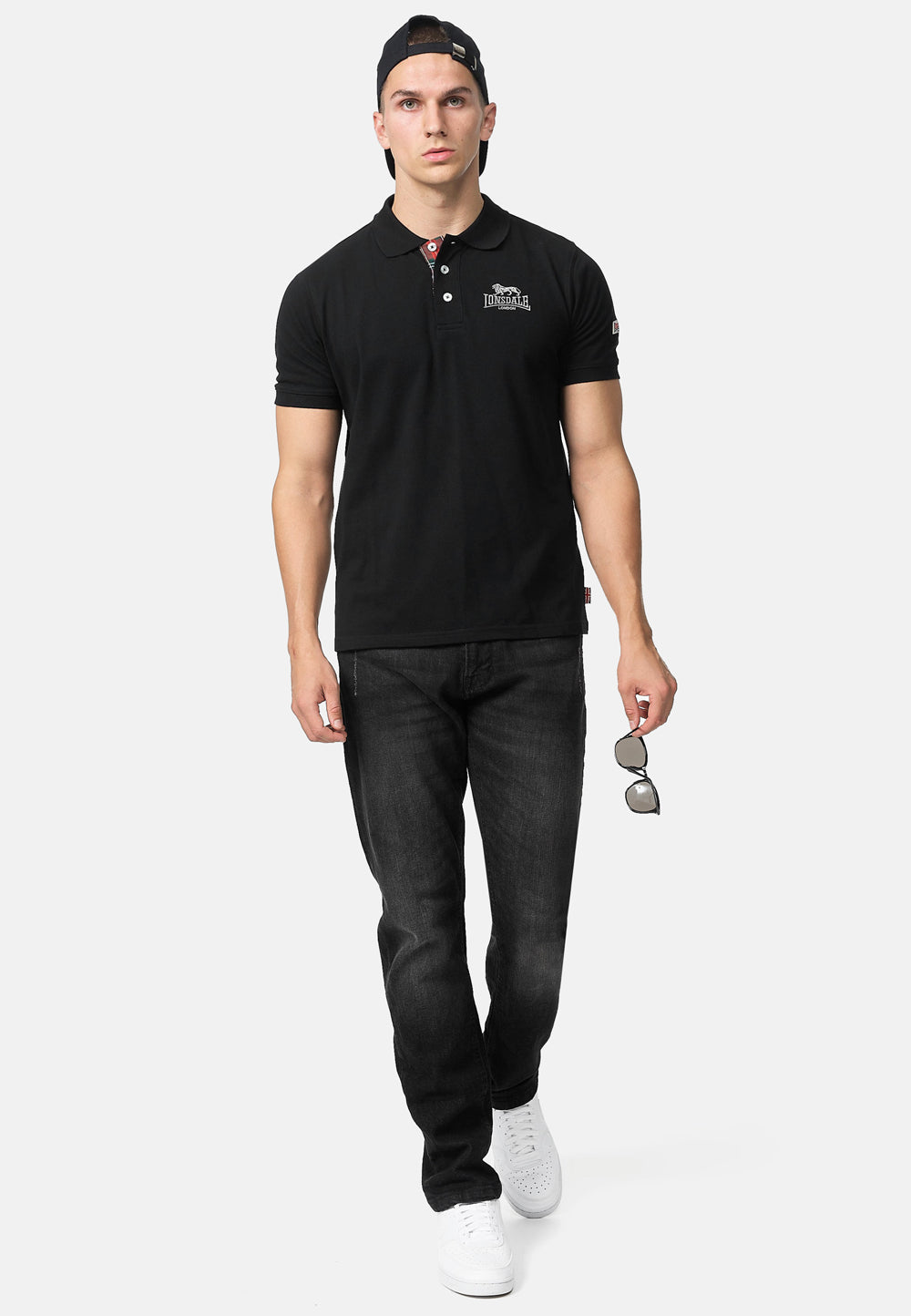 Schwarzes Lonsdale Herren Poloshirt Slim Fit mit Stickerei und Tartan-Details