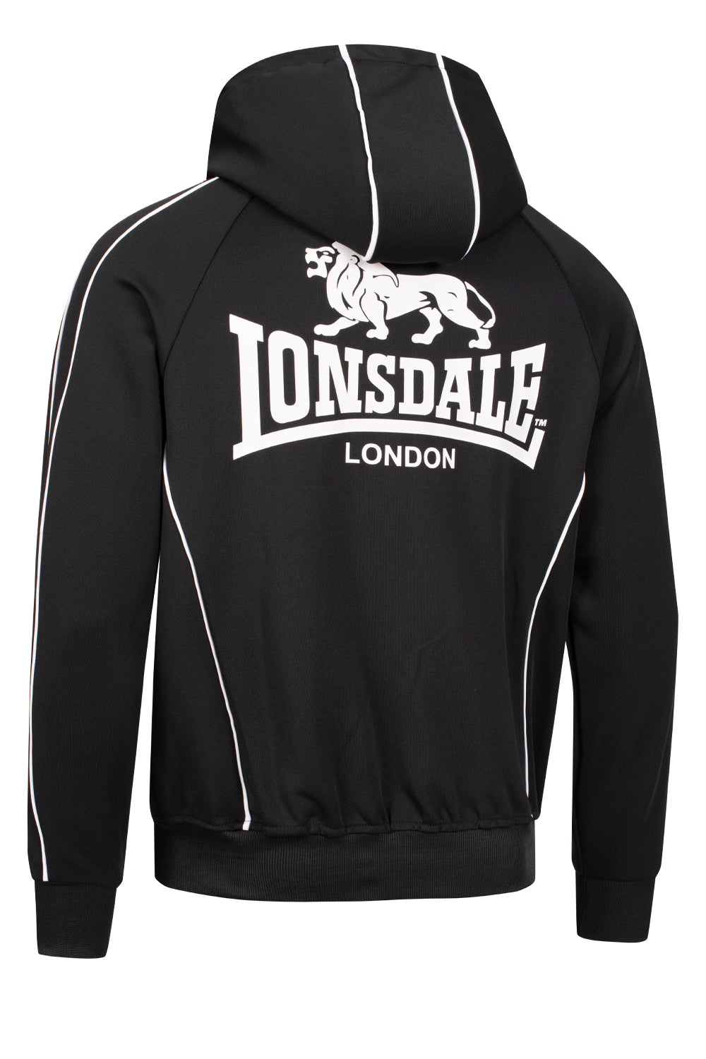 Schwarze Herren Trainingsjacke mit Kapuze, Reissverschluss, 3D-Logo, Raglanärmel, elastische Bündchen, Interlock-Stoff.