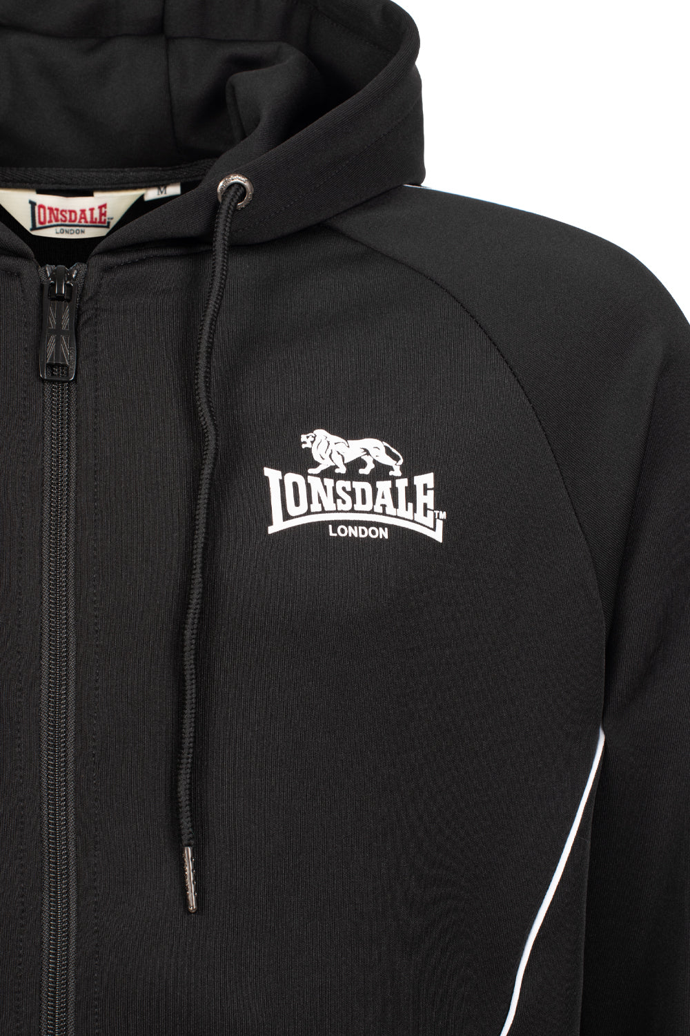 Schwarze Herren Trainingsjacke mit Kapuze, Reissverschluss, 3D-Logo, Raglanärmel, elastische Bündchen, Interlock-Stoff.