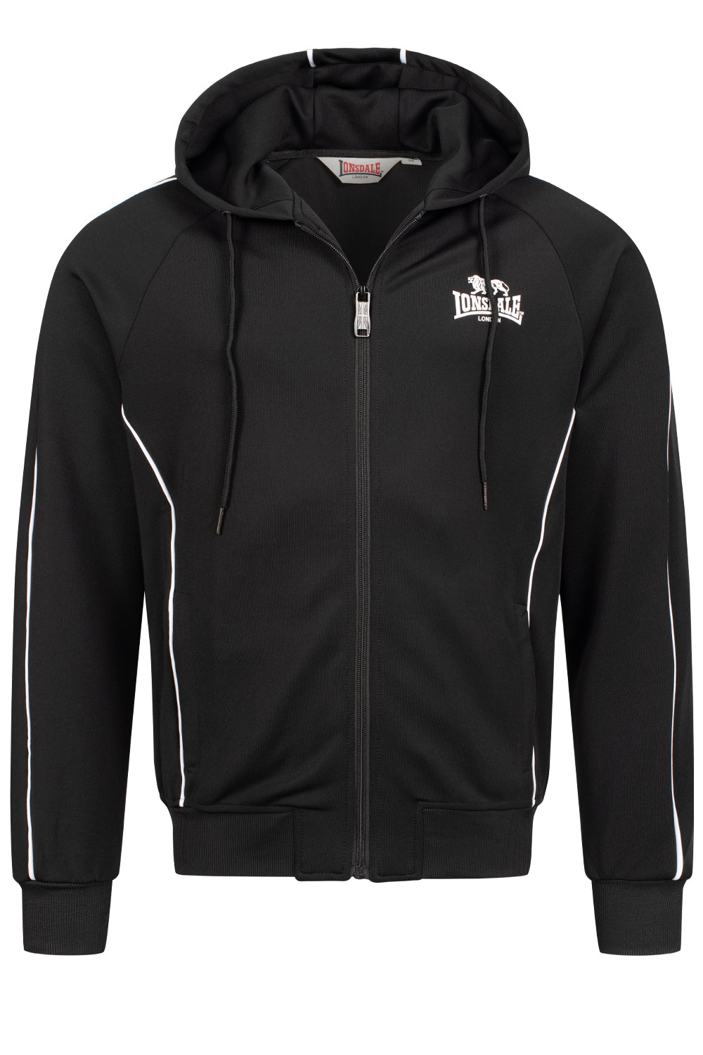 Schwarze Herren Trainingsjacke mit Kapuze, Reissverschluss, 3D-Logo, Raglanärmel, elastische Bündchen, Interlock-Stoff.