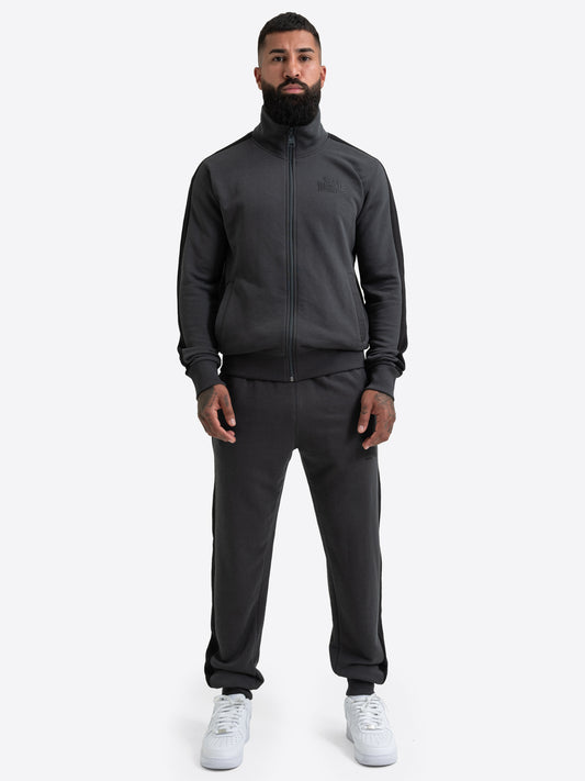 Anthrazitfarbener Lonsdale Herren-Trainingsanzug mit Reissverschlussjacke und Jogginghose.