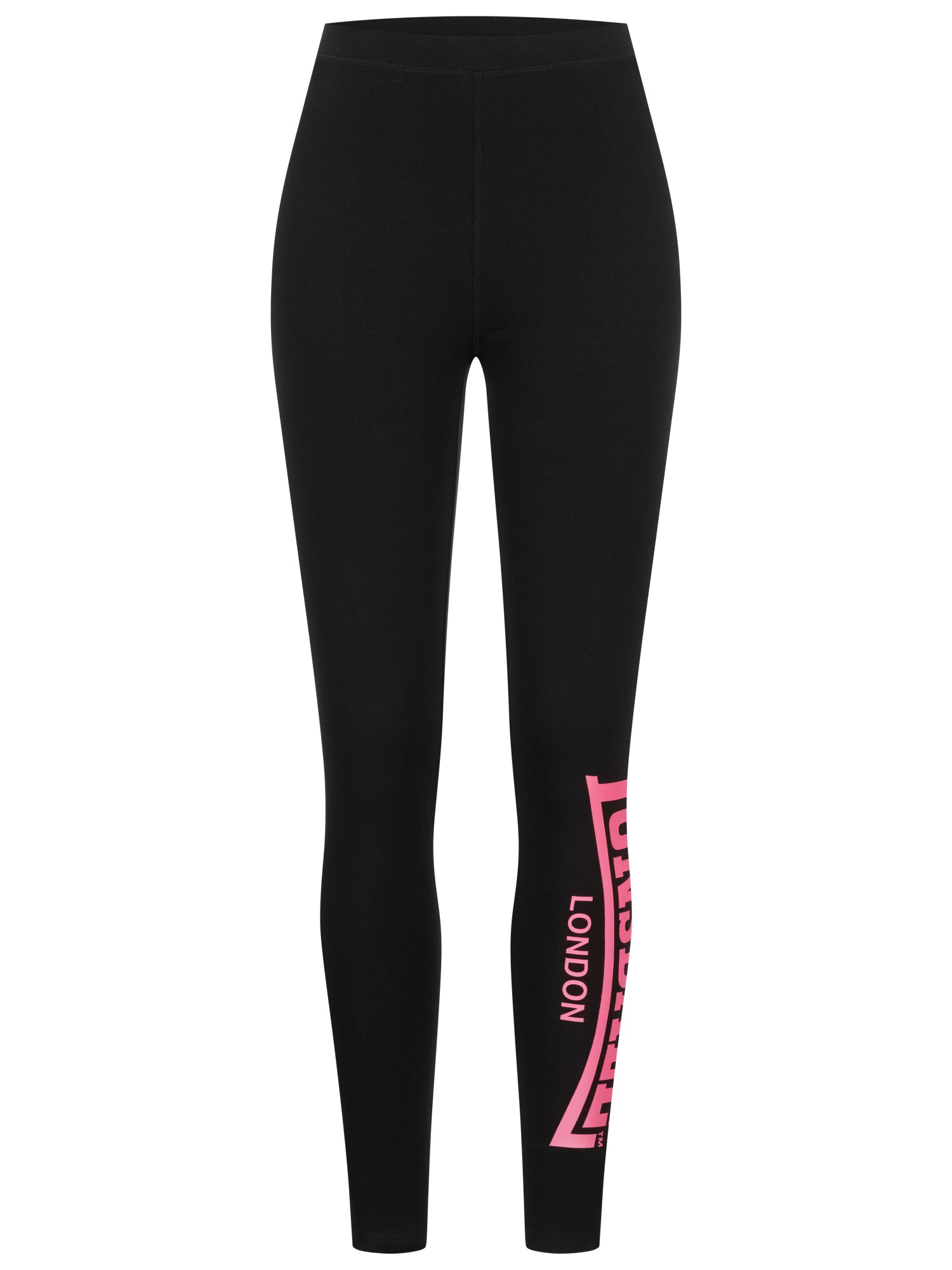 Schwarze Lonsdale Damen-Leggings mit pinkem Logo-Druck auf dem Bein.