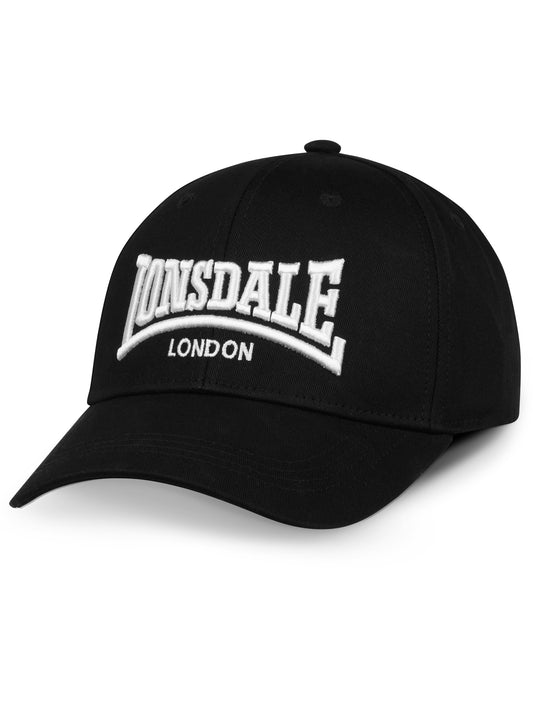 Schwarze Lonsdale Kappe aus Baumwolle mit weisser Logo-Stickerei vorne. Grössenverstellbare Cap.