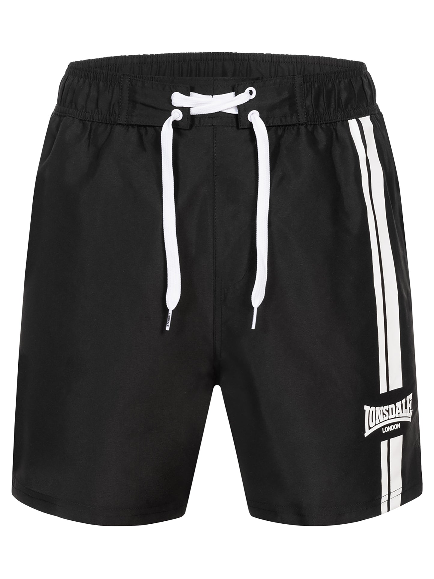 Schwarze Lonsdale Herren Beachshorts normale Passform mit Streifen und Logo am linken Bein