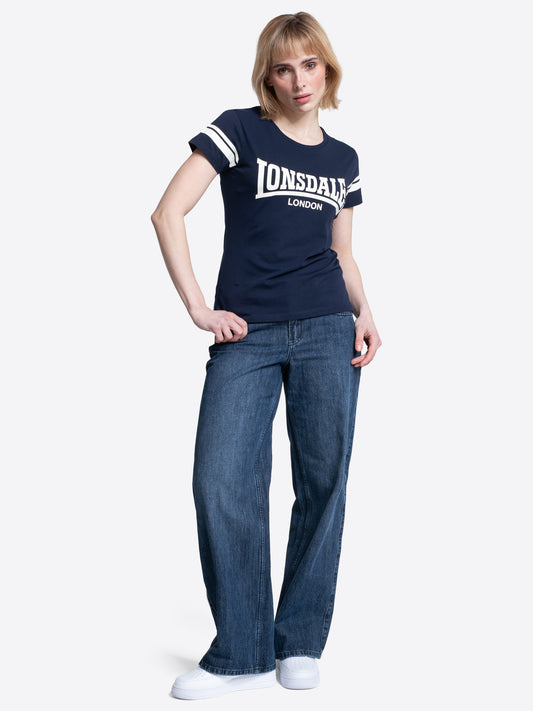 Dunkelblaues Lonsdale Damen T-Shirt mit weissem Print und Ärmelstreifen.