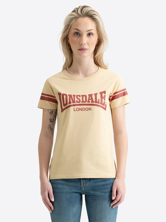 Beiges Lonsdale Damen T-Shirt mit terrakottafarbenem Print und Streifen.