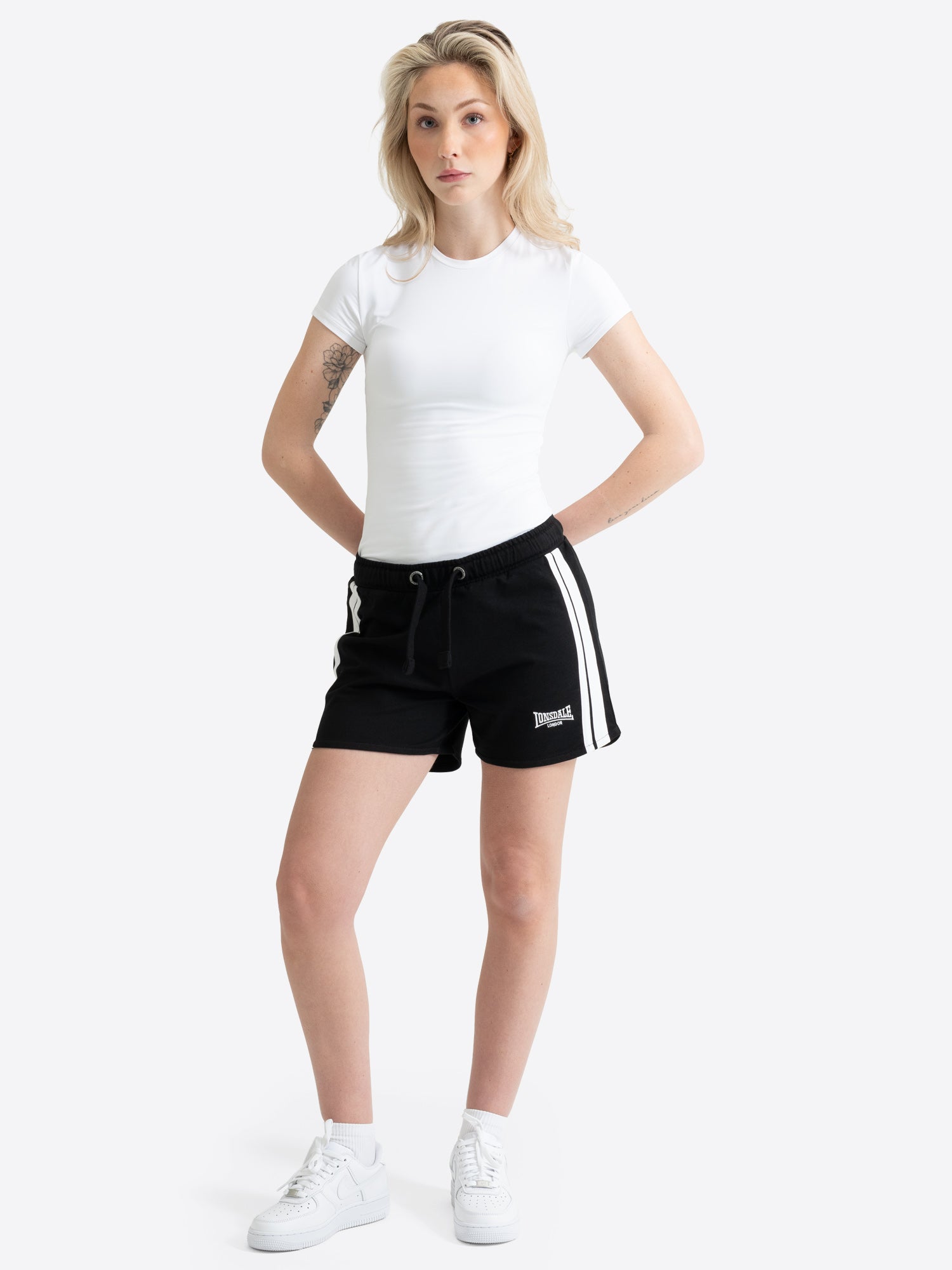 Lonsdale Damen Sport-Shorts in Schwarz mit weissen Streifen und Gummibund