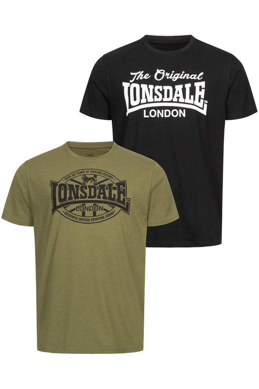 Lonsdale T-Shirt-Doppelpack – Schwarz und Olive, beide mit Logo-Druck vorn