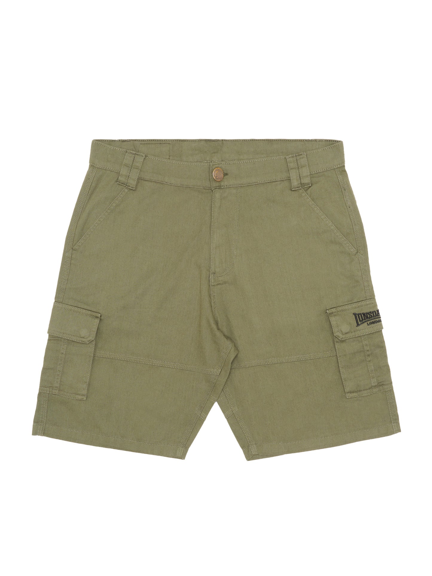 Olivgrüne Herren Cargoshorts in normaler Passform mit Front- und Cargotaschen sowie dezenter Logo-Stickerei.