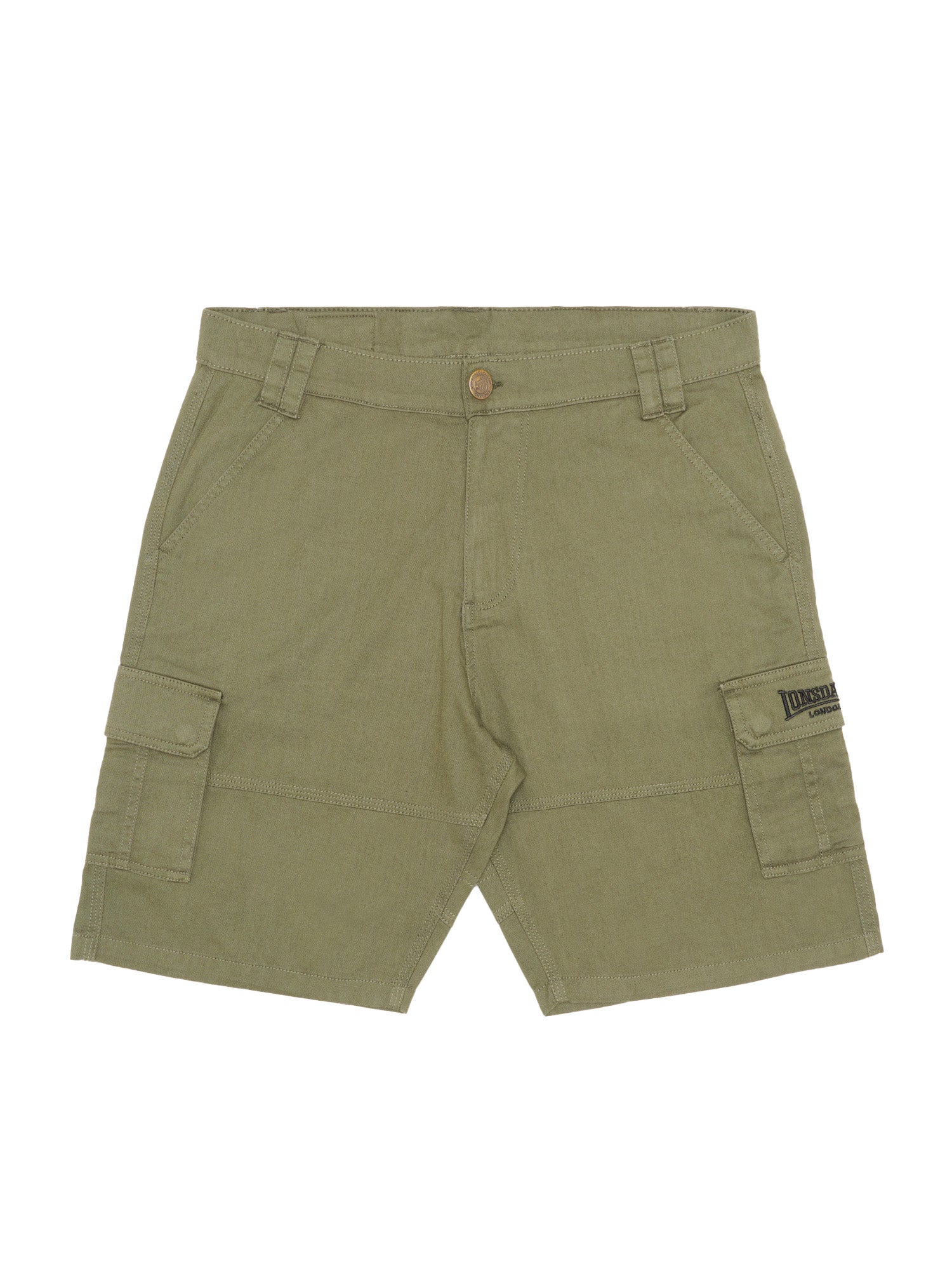 Olivgrüne Herren Cargoshorts in normaler Passform mit Front- und Cargotaschen sowie dezenter Logo-Stickerei.