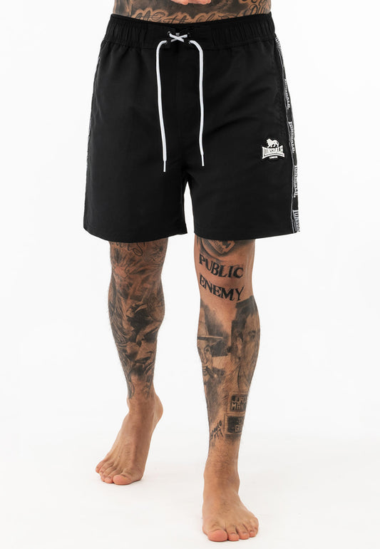Lonsdale Kirbuster Beachshorts Schwarz: Herren-Badehose mit Logo-Print und seitlichen Logo-Bändern.