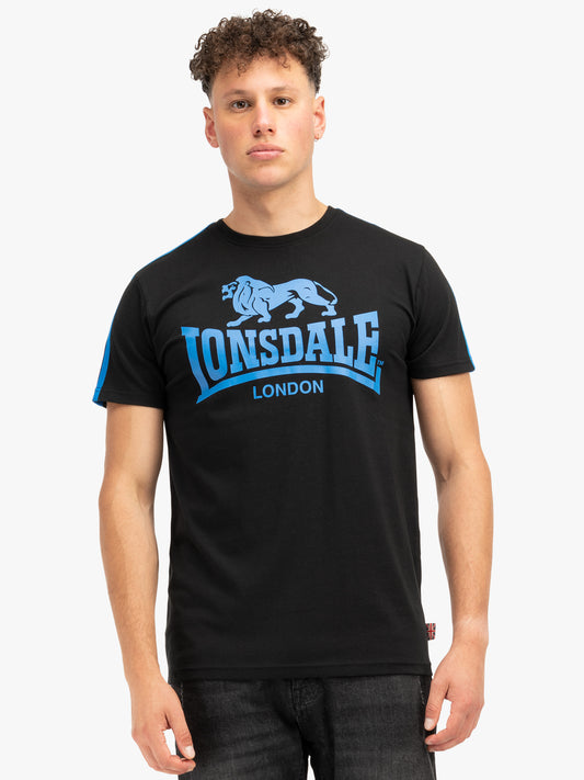  Schwarzes Lonsdale T-Shirt aus Baumwolle mit grossem Logo-Print und Streifen an Schultern