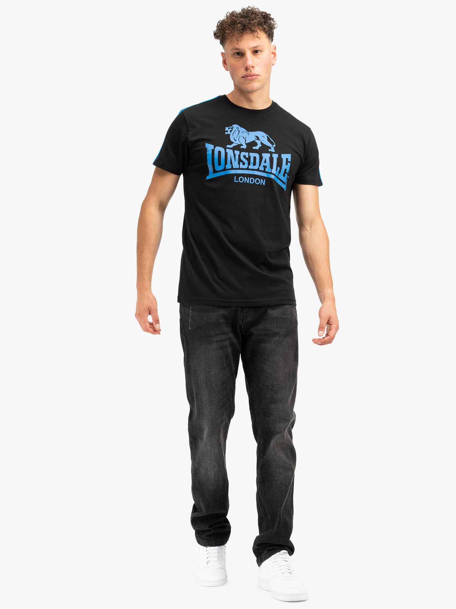 chwarzes Lonsdale T-Shirt aus Baumwolle mit grossem Logo-Print und Streifen an Schultern