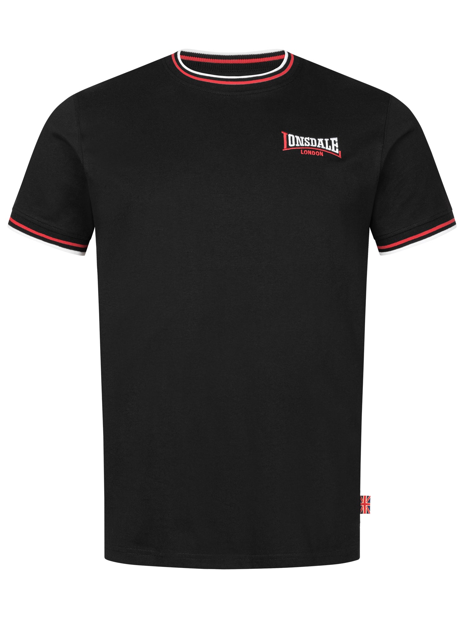 Lonsdale T-Shirt mit Logo-Stickerei auf der Brust, geripptem Rundhalsausschnitt und gestreiften Bündchen an Kragen und Ärmelabschlüssen.