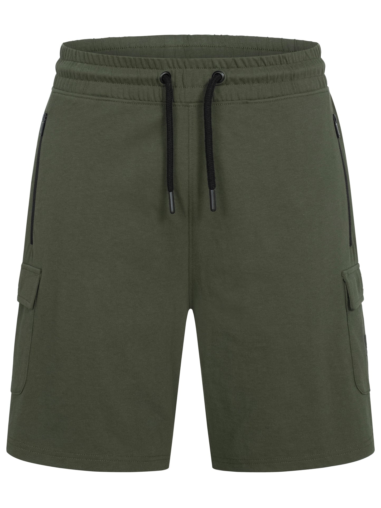 Olivegrüne Lonsdale Herren Shorts mit praktischen Reissverschlusstaschen, 3D-Logo und kontrastfarbenem Kordelzug.