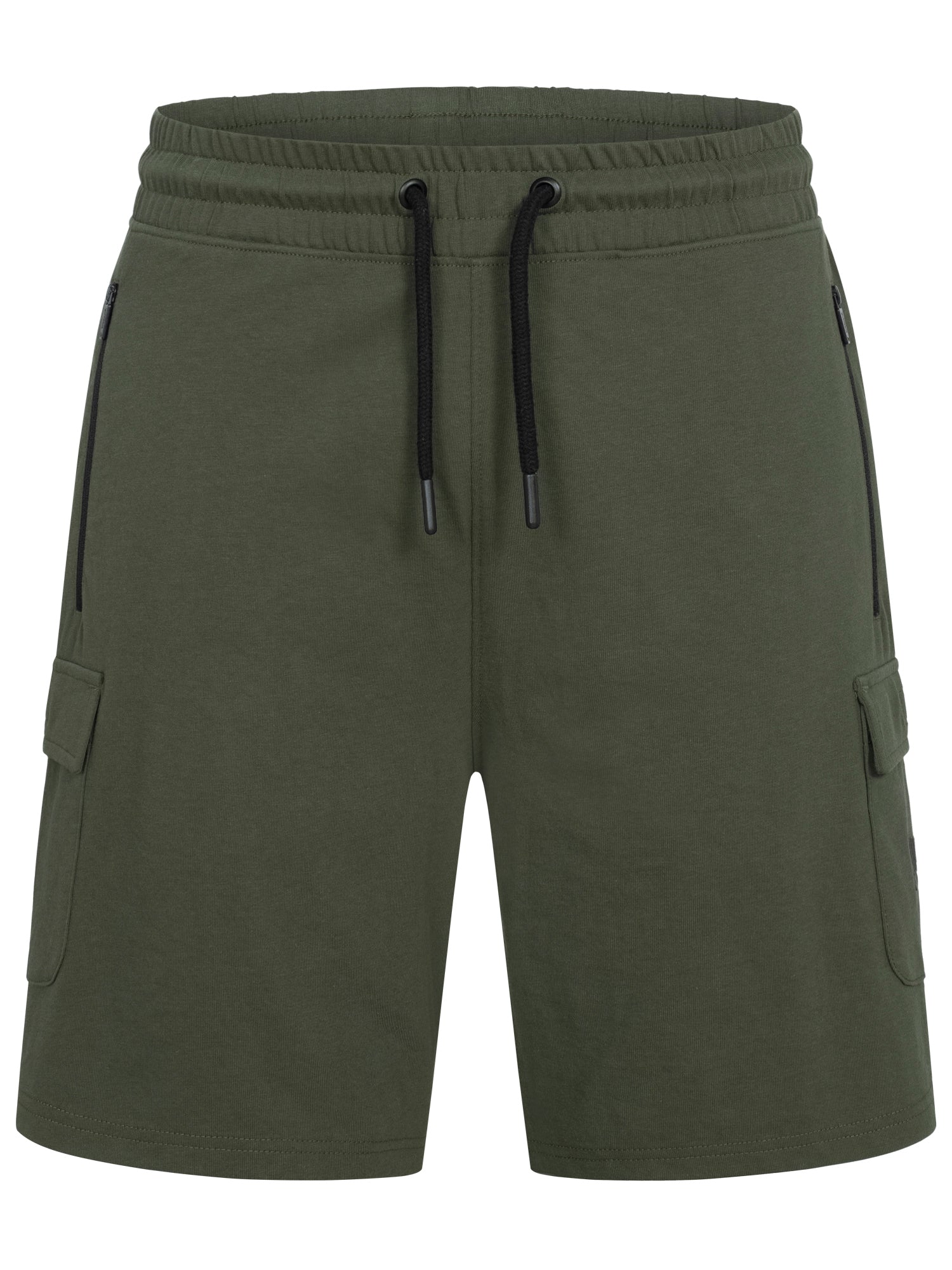 Olivegrüne Lonsdale Herren Shorts mit praktischen Reissverschlusstaschen, 3D-Logo und kontrastfarbenem Kordelzug.