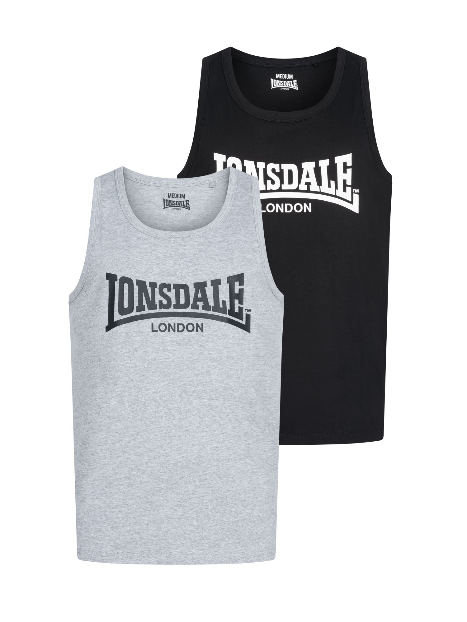 Lonsdale Herren Tanktops im 2er-Pack: Schwarz und Grau meliert mit grossem Logo-Brustprint, normale Passform.