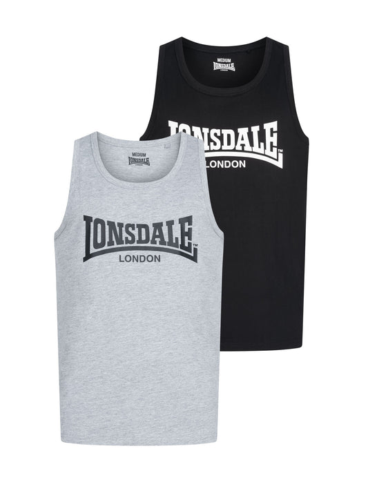 Lonsdale Herren Tanktops im 2er-Pack: Schwarz und Grau meliert mit grossem Logo-Brustprint, normale Passform.