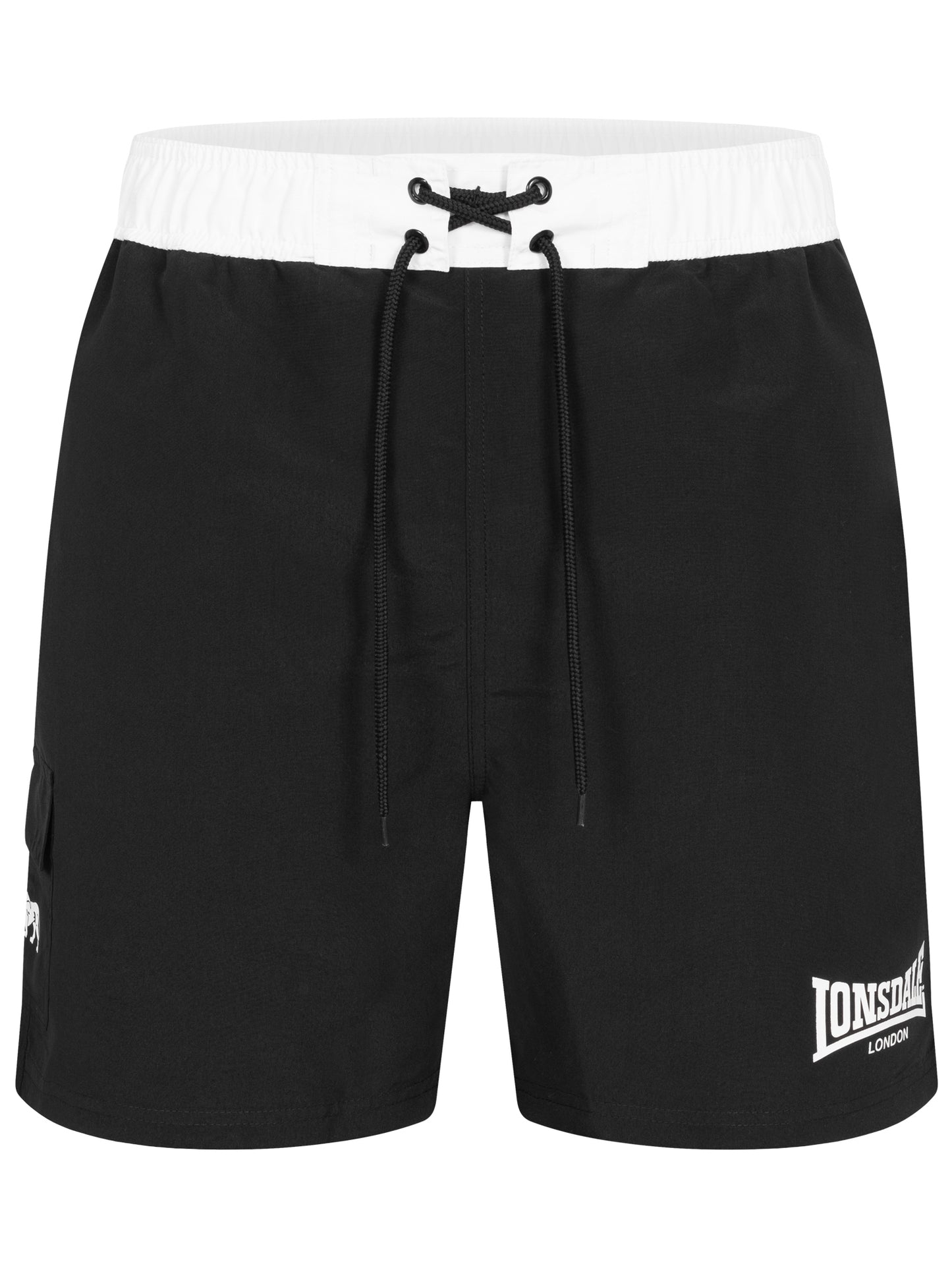 Schwarze Lonsdale Beachshorts für Herren, normale Passform mit weissem Logo-Print am Bein und abgesetztem Bund.