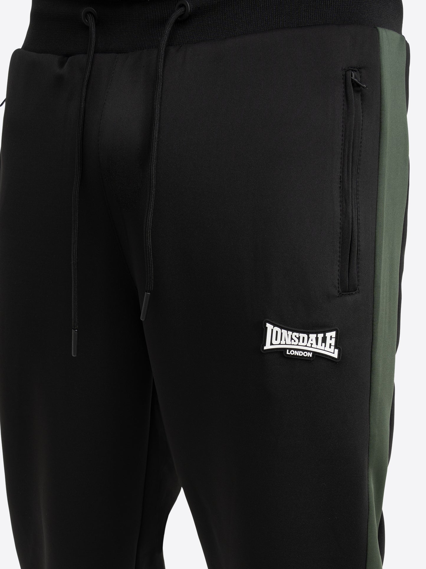 Herren Jogginganzug in schmaler Passform in Schwarz-Olive mit Allover-Print, Stehkragen und Reissverschlusstaschen