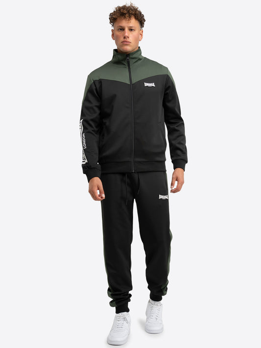 Herren Jogginganzug in schmaler Passform in Schwarz-Olive mit Allover-Print, Stehkragen und Reissverschlusstaschen