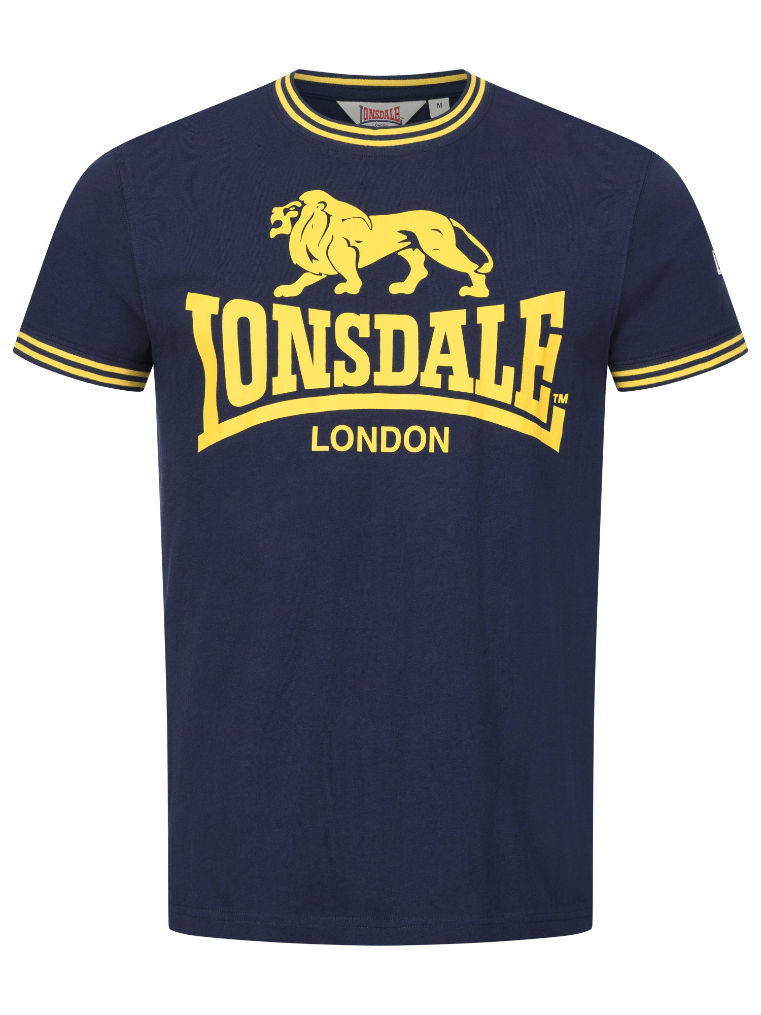 Lonsdale T-Shirt mit kontrastfarbenem Logo-Print auf der Vorderseite, gestreiften Bündchen am Kragen und den Ärmeln sowie aufgenähtem Logo-Label auf dem linken Ärmel