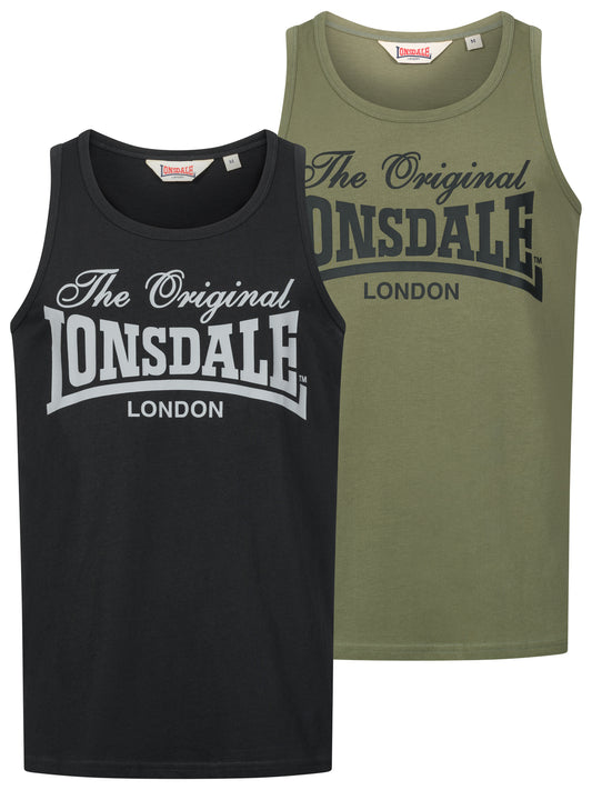 Lonsdale Singlets im Doppelpack in Schwarz und Oliv mit Frontdruck